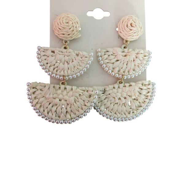 On 34th Gold-Tone Stone Bead & Woven Raffia Drop Earrings NEW - Picture 5 of 5